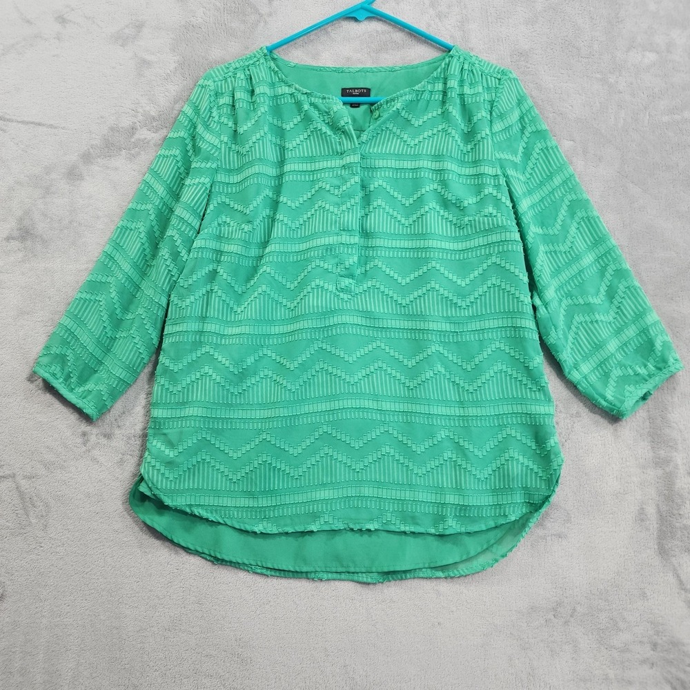 Talbots Top Womens MP PETITES Green Textured Geometric Henley Tunic 3/4 Sleeve